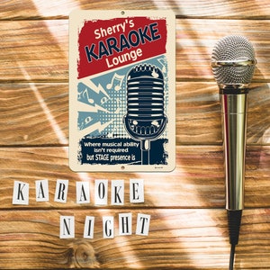 Personalized Karaoke Lounge sign displayed on a rustic wooden surface beside a vintage microphone, with alphabet letters showing the custom name option.