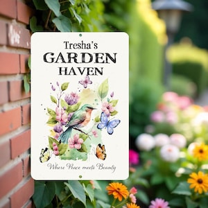 Personalized Garden Metal Sign: Bird & Butterfly Watercolor Art
