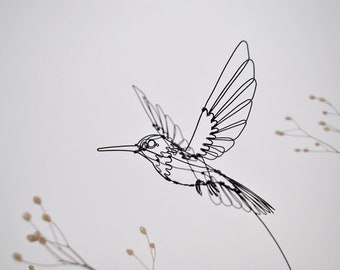 Hummingbird in flight, wire sculpture on oak base, poetic decoration for the home