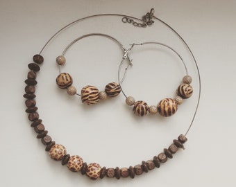 Wooden Jewelry Wood Bead Necklace Wood Beaded Earrings Wood Set Jewelry Ethnic Jewelry Vintage Necklace Bib Necklace African Jewelry Bohemia