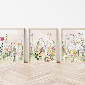 Watercolor Wildflowers 3 Piece Wall Art, Set of Three Printable Summer Flower Meadow Prints