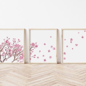 Sakura Cherry Blossom Wall Art Print Set, Pink Spring Flowers 3 Piece Wall Art