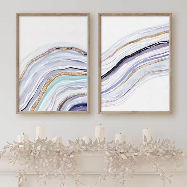 Agate blue set of two abstract prints, downloadable wall art, simple artwork, kunstdruck wanddeko