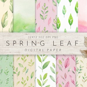 Spring Leaf Digital Paper Pack of 10, Printable Scrapbook Paper and Seamless Patterns PNG Files Bundle