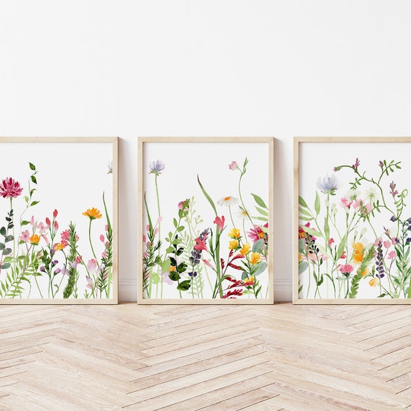Simple Wildflowers 3 Piece Wall Art, Set of Three Printable Summer Flower Meadow Prints