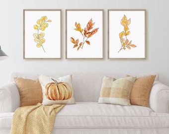 Autumn leaves print set of three, leaves wall art printable, 3 piece wall art, foliage, fall decor leaf art, botanical prints, thanksgiving