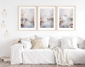 3 piece Wall Art, printable wall art birds, swan, dove, duck, triptych living room above couch artwork