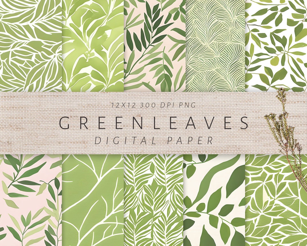 Green Leaves Digital Paper Pack of 10, Printable Scrapbook Patterns PNG ...