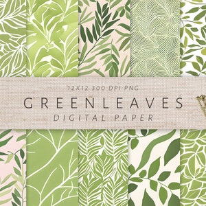Green Leaves Digital Paper Pack of 10, Printable Scrapbook Patterns PNG Files Bundle