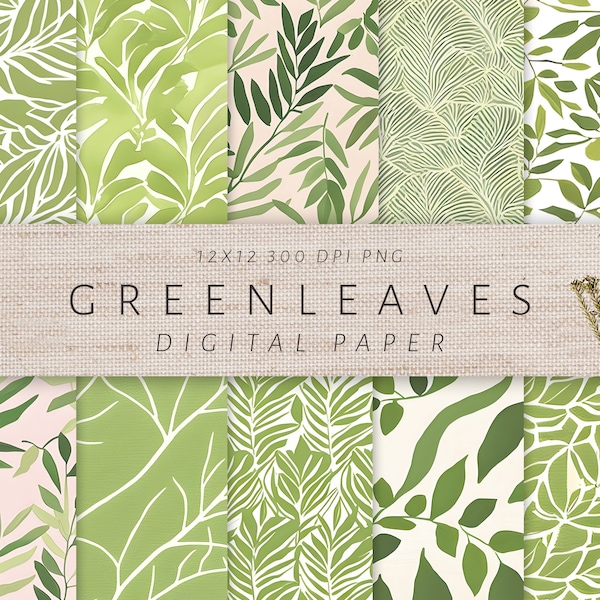 Green Leaves Digital Paper Pack of 10, Printable Scrapbook Patterns PNG Files Bundle