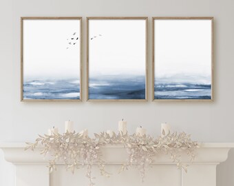 3 Piece Wall Art, Printable Indigo Ocean Set, Peaceful Bedroom Art, Lake House Decor, Blue Sea Poster, Nautical Set of 3, Minimalist