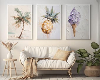 Tropical Printable Wall Art Set of 3 | Palm Tree, Pineapple, Ice Cream Three Prints for Summer
