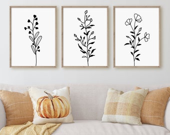 Wild flower line drawings, printable minimalist art print set 3, black and white simple and clean botanical wall prints