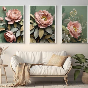 Art mural vert sauge Dusty Rose, art mural triptyque imprimable, art mural 3 pièces, esthétique d&#39;articles de décoration intérieure