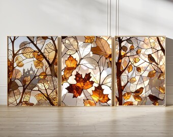 Autumn Printable Wall Art Set of 3, Orange Brown Fall Decor, Leaf Three Piece Wall Art, Birds, Maple Leaves, Castle, Stained Glass