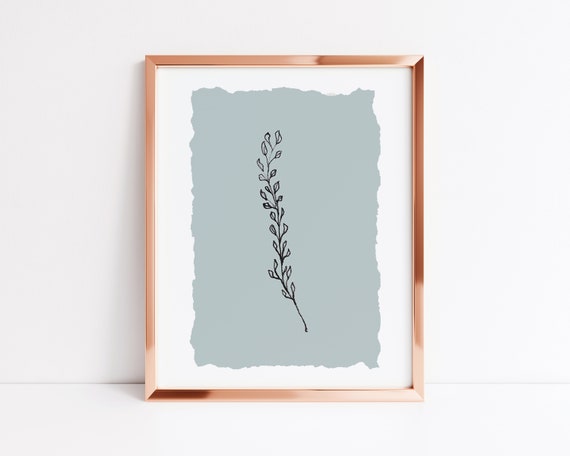 Pencil Drawing Leafy Branch and Duck Egg Blue Printable Wall | Etsy