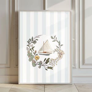 Sailboat Wall Print, Coastal Wall Art Stripes Print, Light Blue Ocean Print Nautical Summer Printable Beach Digital Download