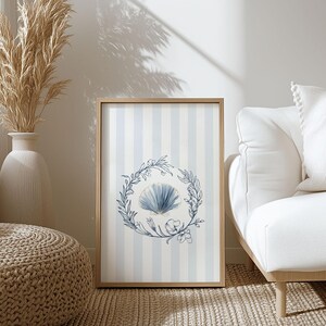 Seashell Wall Print, Beachy Coastal Wall Art Stripes Print, Soft Blue Nautical Summer Printable Digital Download