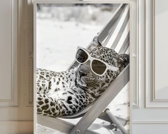 Beachy Leopard Sunbathing, beach lounge black and white photography, funny printable wall art