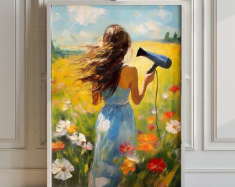 Printable Hairdresser Gift, Salon Decor, Girl at the Meadow Funny Painting, Colorful Wall Art