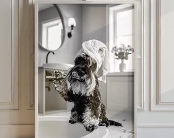 トイレに座るミニチュアシュナウザー、電話に乗った犬のポスター