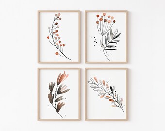 Red leaves and berries set of four printable wall art, Christmas wall art, above couch wall decor, scandinavian nordic design