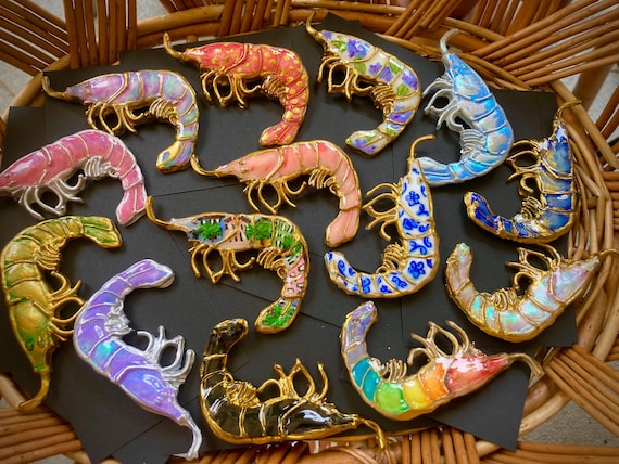 Charleston Shrimp Brooches Coastal Jewelry Quirky Accessories Lapel Pin Hand-painted Wearable Art