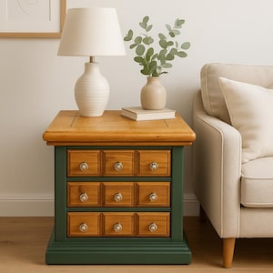 May include: A wooden side table with nine drawers. It has a natural wood top and drawer fronts, and a green painted base. A cream-coloured lamp and vase with greenery sit on top. A beige sofa is to the right.