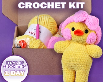 Beginner Amigurumi Duck Crochet Kit, Chenille Yarn Plush Toy PDF Pattern