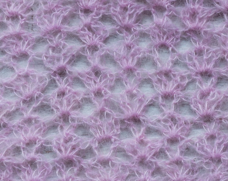 May include: Close-up of a soft, pink, fuzzy knit fabric with a delicate, openwork pattern.