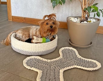 Crochet Dog BED & MAT Set Pattern, PDF Crochet Small Dog Bed, Handmade Bone Pet Placement, Dog Bone Shaped Crate Mat Rug