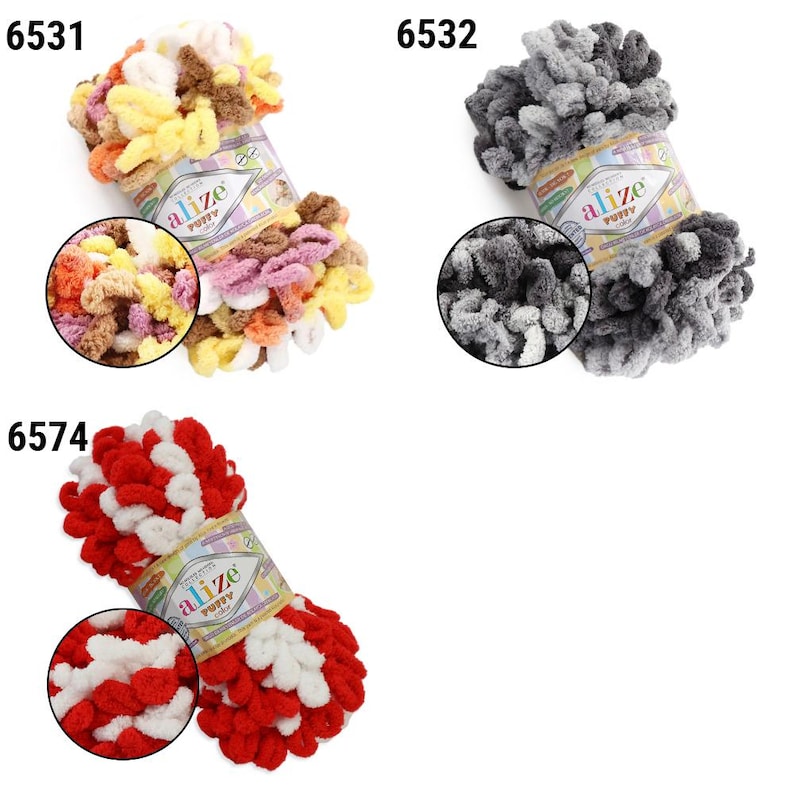 May include: Three skeins of Alize Puffy yarn in various colors. One skein is a mix of yellow, orange, pink, and brown. Another is shades of gray. The third is red and white. Each skein has a circular close-up of the yarn.