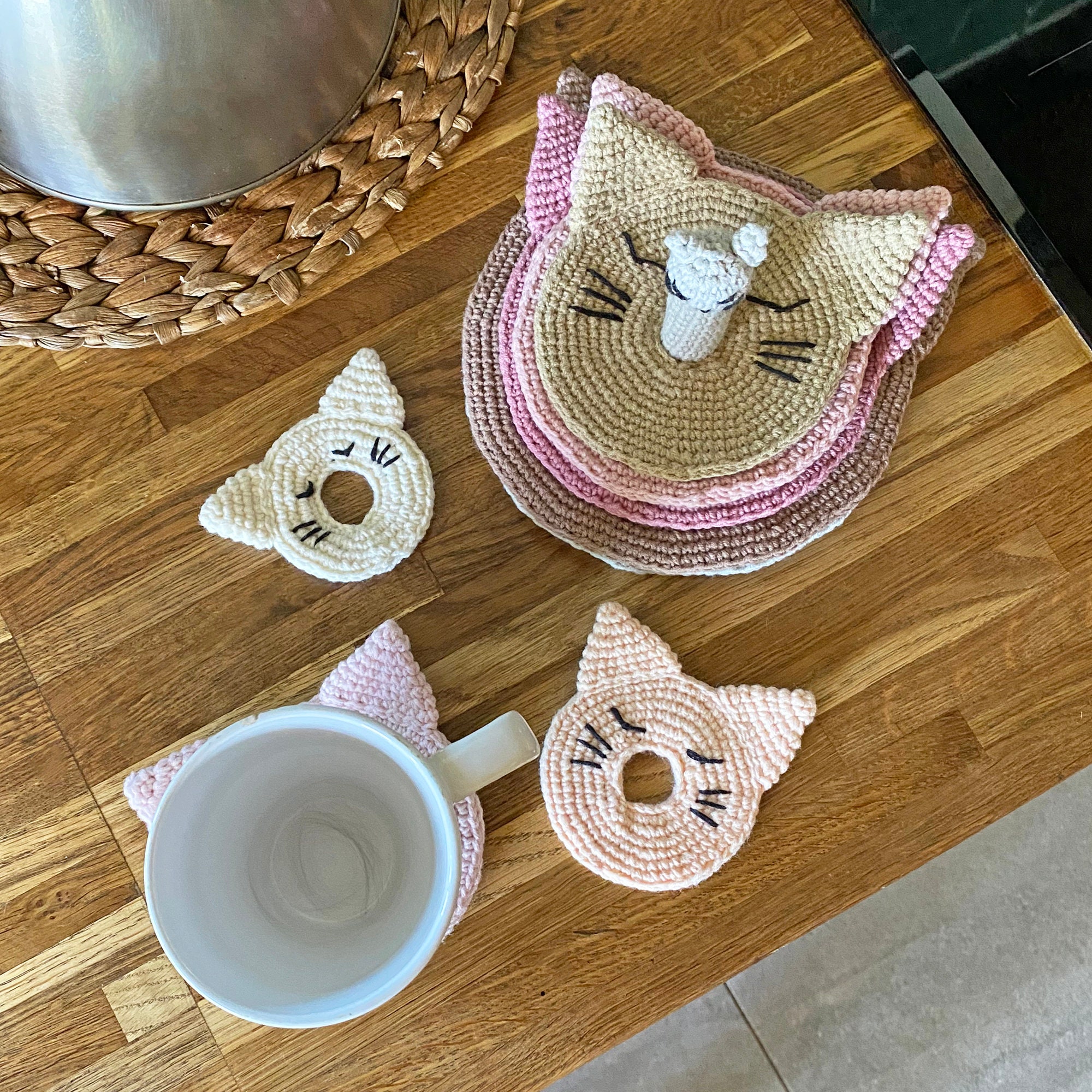 Cat Coaster Crochet Pattern, Stacking Kitty Coasters Set, Kitchen Decor ...