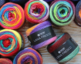 YarnArt Lana Fresco, 100% Wool Ombre Gradient Yarn Cake, Sport Weight Roving Yarn, 3.5 oz / 380 m