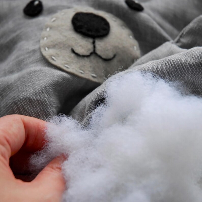 May include: A gray fabric bear head with black button eyes and a black felt nose is being stuffed with fluffy white filling. The bear's face is hand-stitched with white thread.