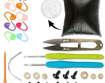 Amigurumi BOX Crochet Kit, 22 Pcs Toy Making Supplies, Safety Eyes and Noses, Crochet Hooks, Fiberfill Stuffing, Stitch Markers