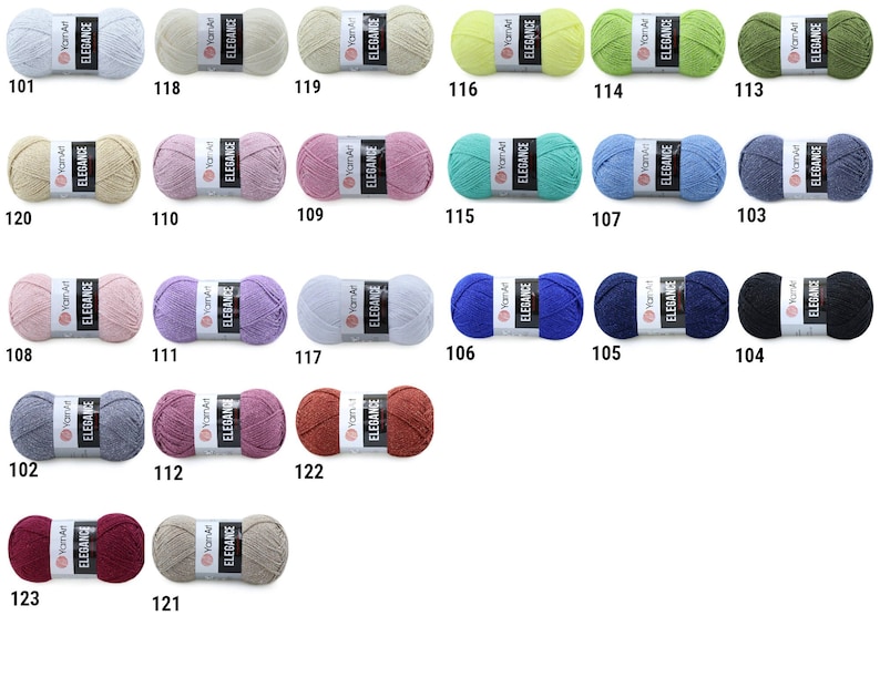 May include: A collection of yarn balls in various colors, including beige, pink, blue, green, and red. Each ball has a label with the brand name "YamArt" and the word "Elegance". The balls are numbered from 101 to 123.