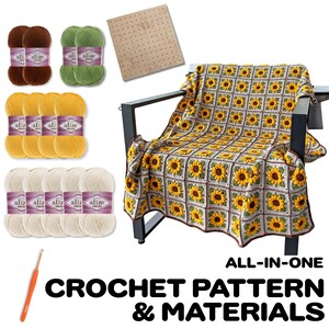 May include: A crochet kit with yarn in brown, green, yellow, and cream colors, a crochet hook, and a wooden square. A sunflower-patterned blanket is draped over a chair. The text reads "ALL-IN-ONE CROCHET PATTERN & MATERIALS."
