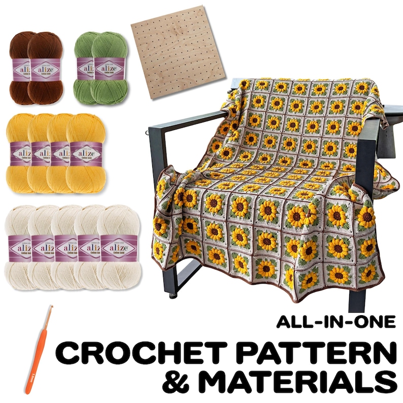 May include: A crochet kit with yarn in brown, green, yellow, and cream colors, a crochet hook, and a wooden square. A sunflower-patterned blanket is draped over a chair. The text reads "ALL-IN-ONE CROCHET PATTERN & MATERIALS."