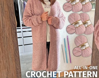 Pink Mist Cardigan Crochet Kit, Pattern + Angora Yarn, Easy Crochet Sweater Craft Kit, DIY One Size