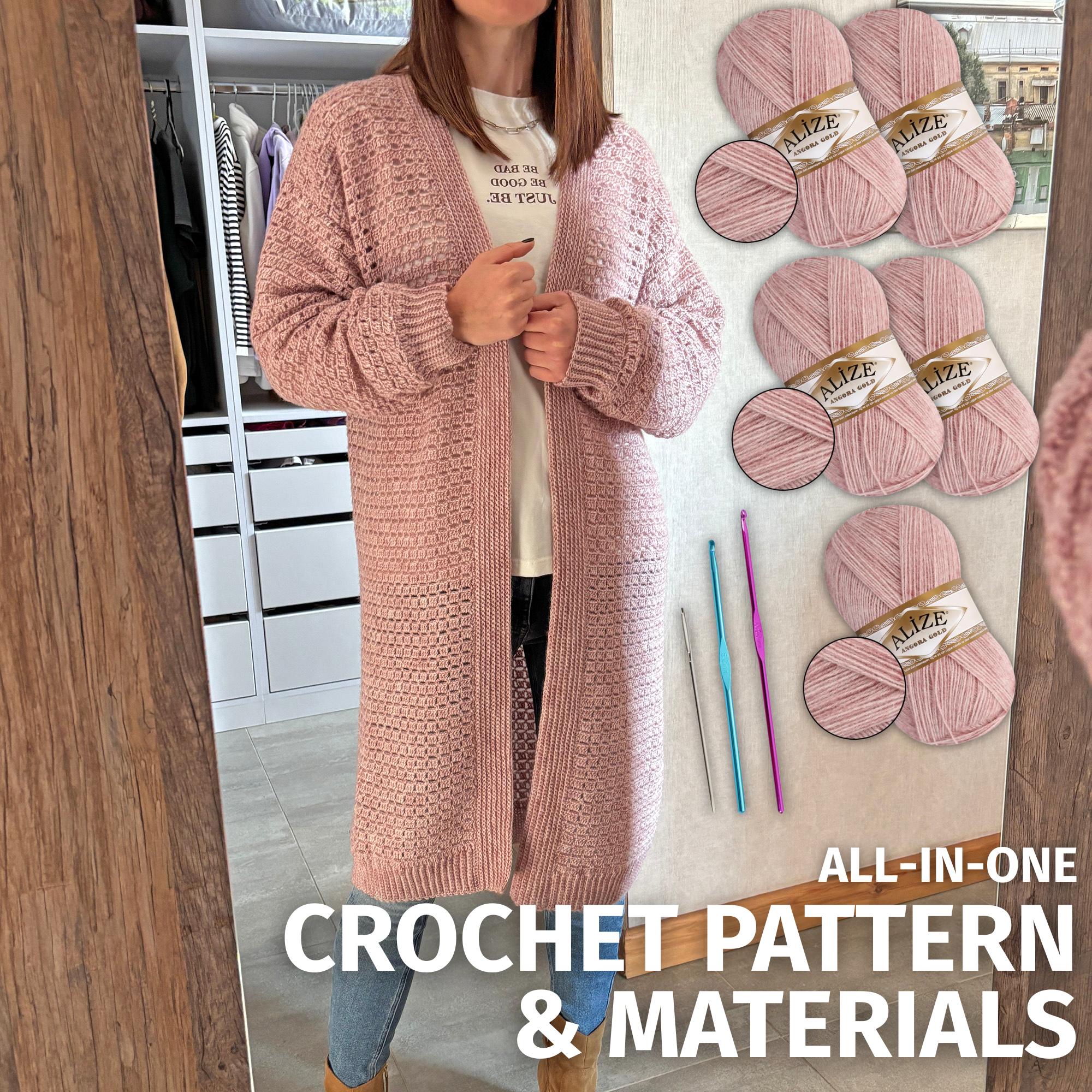 Pink Mist Cardigan Crochet Kit, Pattern + Angora Yarn, Easy