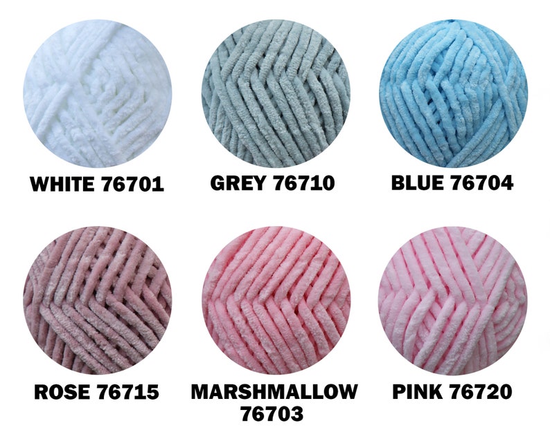 K&ouml;nnte beinhalten: Sechs Garnb&auml;lle in verschiedenen Farben: Wei&szlig;, Grau, Blau, Rosa, Marshmallow und Pink. Jeder Ball hat ein Etikett mit dem Farbnamen und einer Nummer.