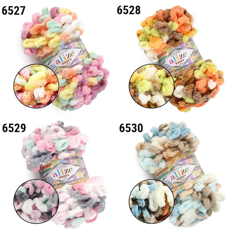May include: Four colorful Alize Puffy yarn skeins. Each skein is a different color combination, including pink, yellow, orange, and blue. The yarn is soft and fluffy, perfect for knitting or crocheting. Each skein has a circular close-up of the yarn.