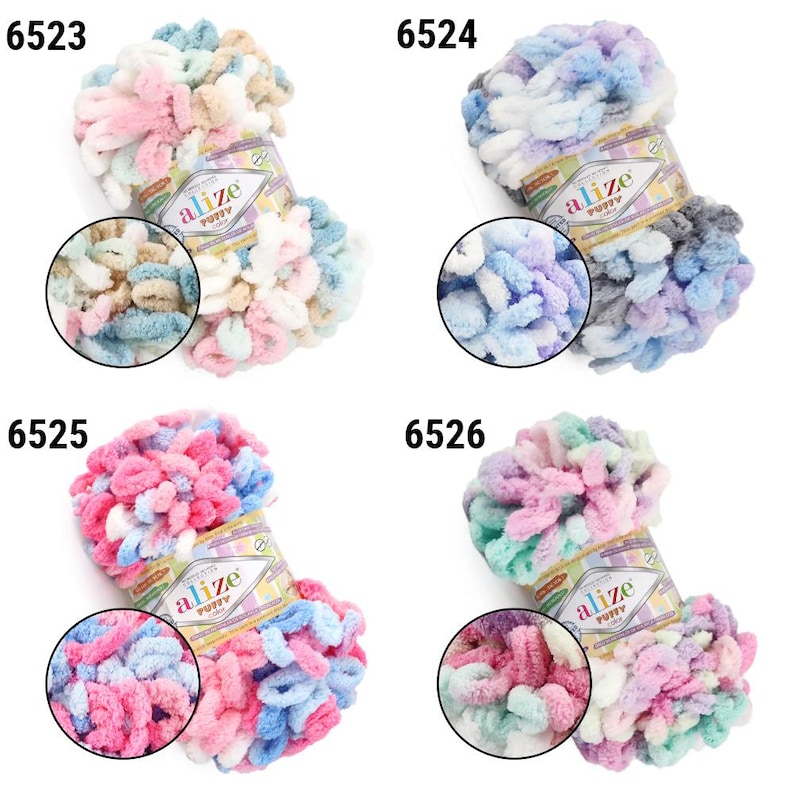 May include: Four colorful skeins of Alize Puffy yarn. Each skein is a different color combination, including pink, blue, and green. The yarn is soft and fluffy, perfect for knitting or crocheting projects. Each skein has a label with the brand name and product number.