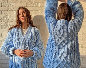 KNITTING PATTERN Cable Cardigan, Finger Knit Cardigan, Loop Yarn Knitting, Plush Cardigan