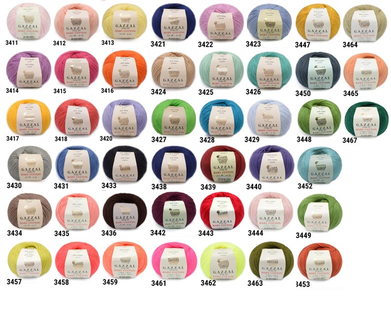 May include: A collection of colorful yarn balls, each labeled with a unique number. The yarn is available in a wide range of colors, including pink, yellow, blue, green, and orange. The yarn is labeled "GAZZAL BABY COTTON".