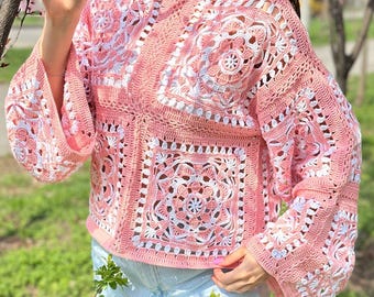 Crochet Pattern Daisy Granny Square Sweater, Lace Crochet Top Pattern, Square Motif Women Top