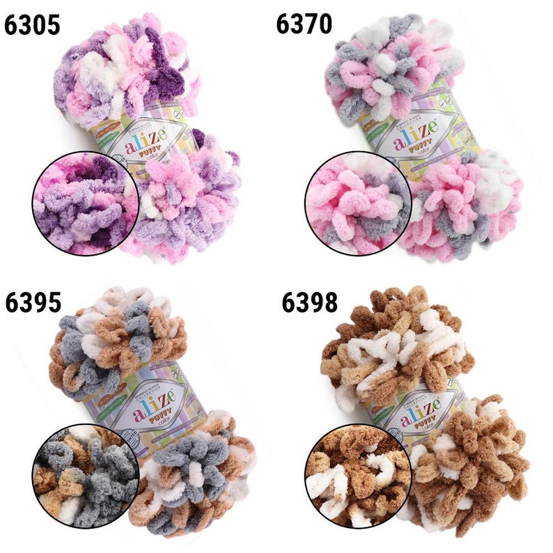May include: Four skeins of Alize Puffy yarn in various color combinations. The skeins are labeled with the numbers 6305, 6370, 6395, and 6398. Each skein has a close-up view of the yarn's texture and color. The yarn is soft and fluffy, ideal for knitting.