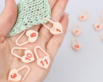 Stitch Markers Set of 15 Heart Shaped Numbered Markers, Valentine's Day Gift