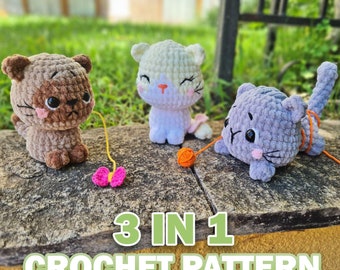 Modèle au crochet 3 en 1, adorables peluches chat, Amigurumi chat au crochet, Patron de peluche au crochet, Lot de motifs de peluche Amigurumi, couture basse